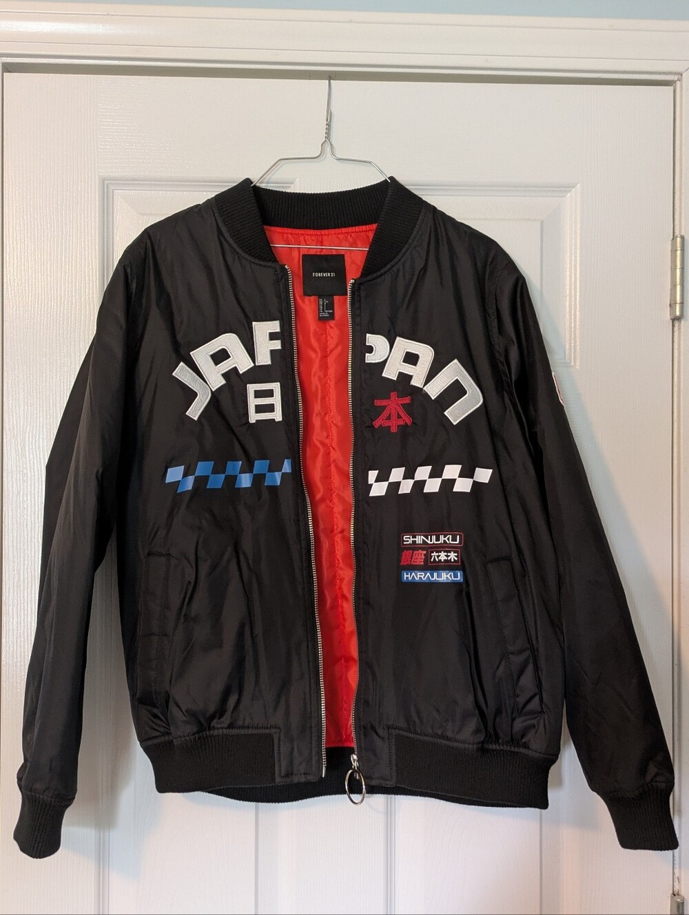 Forever 21 Black Japan Bomber Jacket with Red Lining